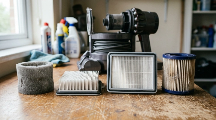 Foam, pleated, HEPA and washable vacuum filters showing different replacement needs