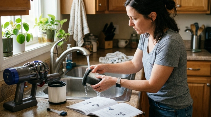 Homeowner washing a reusable vacuum filter while a disposable filter remains dry