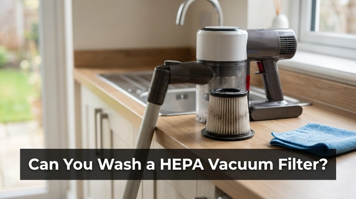 Can you wash a HEPA vacuum filter shown beside a modern household vacuum cleaner.