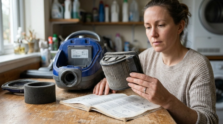 Homeowner checking a HEPA vacuum filter, manual, and model label for washable instructions.