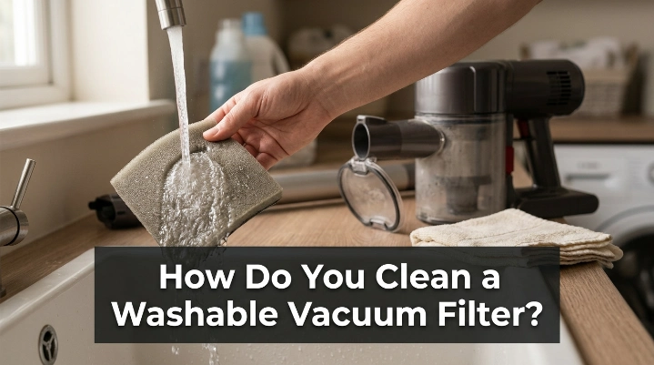How do you clean a washable vacuum filter using gentle rinsing and complete air-drying?