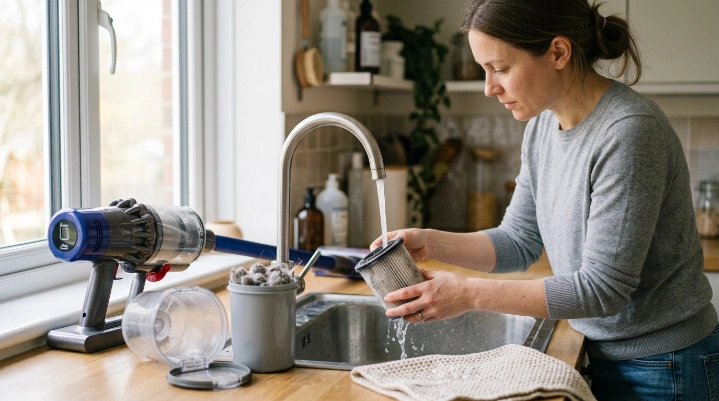 Homeowner rinsing a washable vacuum filter after tapping away loose dust and disconnecting the vacuum.