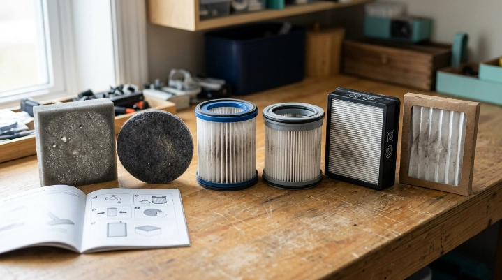 Foam, felt, pleated, HEPA, and paper vacuum filters arranged for washable versus non-washable comparison.