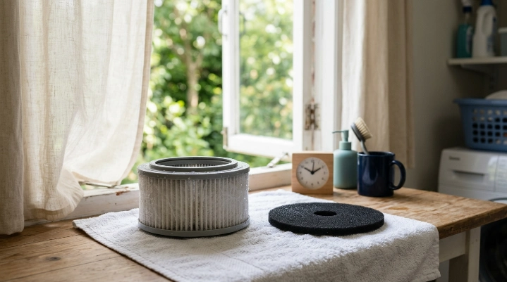 Thick washable vacuum filter air-drying near a window for at least 24 hours
