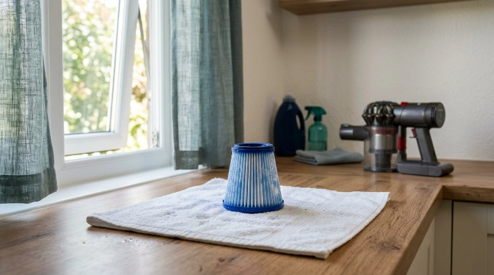 Washable vacuum filter drying naturally by an open window after rinsing