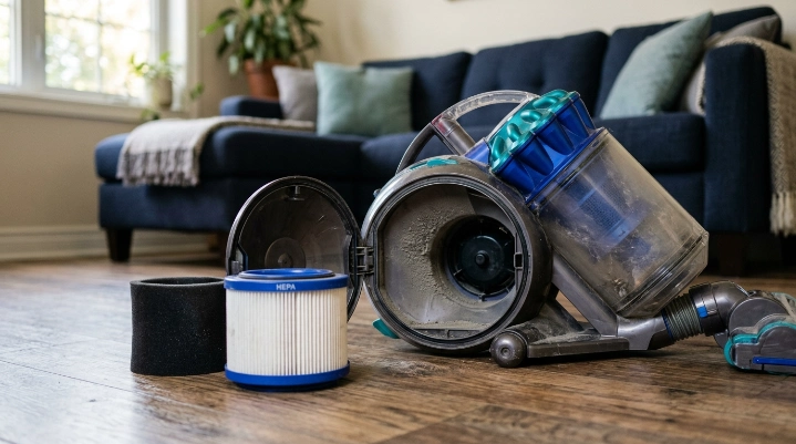 Open vacuum filter compartment showing how dust may reach the motor when the filter is missing