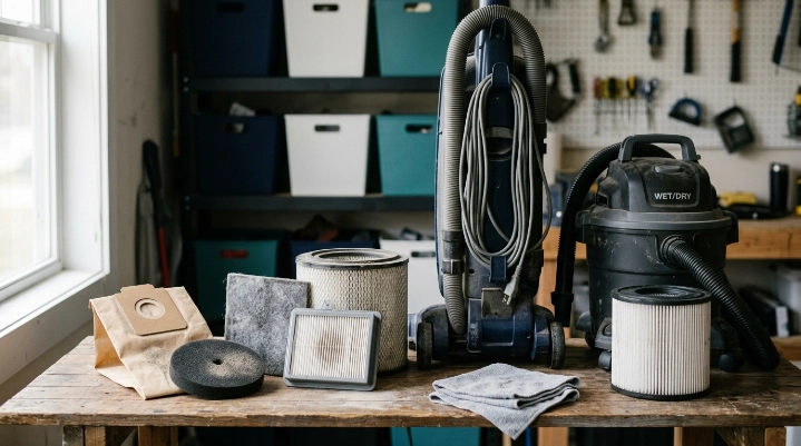 Foam, HEPA, exhaust, bag and wet dry vacuum filters displayed beside household vacuums