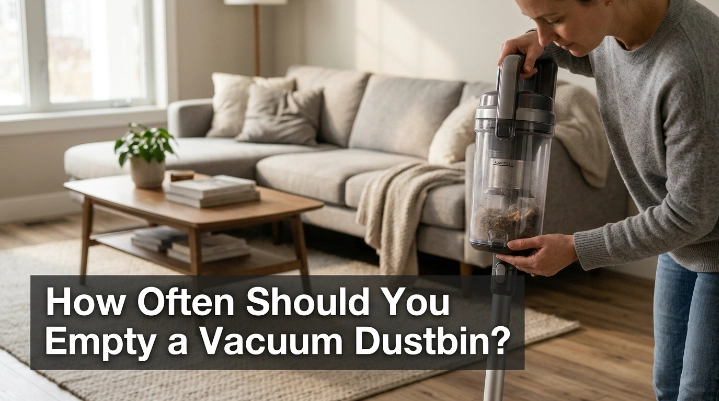 Homeowner checking when to empty a vacuum dustbin after household cleaning.