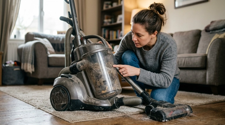 Overfilled vacuum dustbin packed with pet hair and dust during a home cleaning session.