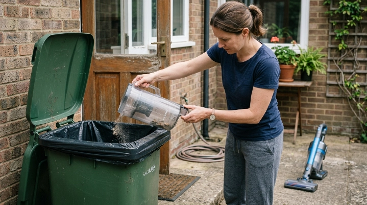Homeowner safely emptying a vacuum dustbin low inside an outdoor trash container.
