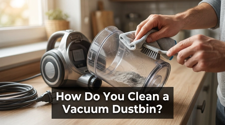 Vacuum dustbin being cleaned with microfiber cloth for safe routine vacuum maintenance