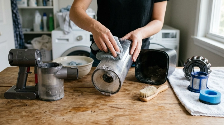 Vacuum dustbin cleaning setup with microfiber cloth, soft brush and drying washable parts