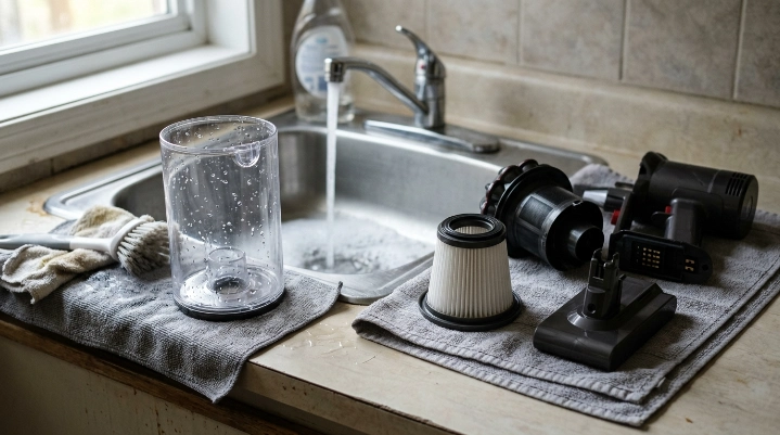 Washable vacuum dustbin beside sink while filter, cyclone and electrical parts stay dry
