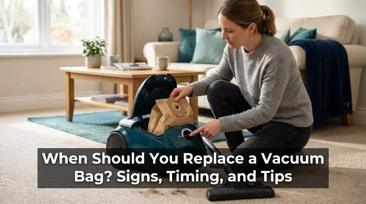 Homeowner checking when to replace a vacuum bag after noticing a loaded bag and reduced airflow.
