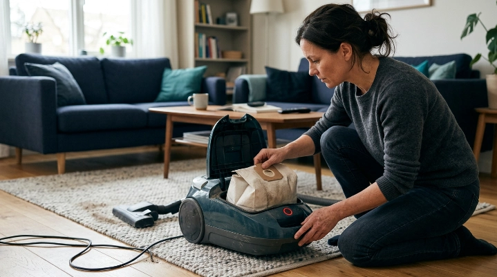 Homeowner checking when to replace a vacuum bag using its fill level and warning indicator.