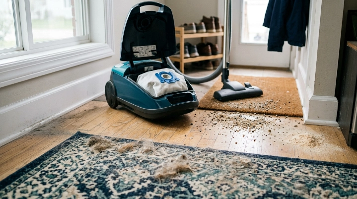 Household dust, fine particles, pet hair and sand showing why vacuum bag timing varies