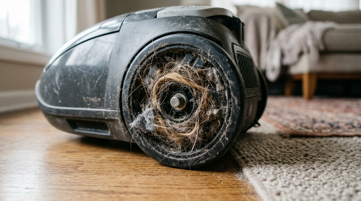 Close-up vacuum wheel covered with trapped hair and dust