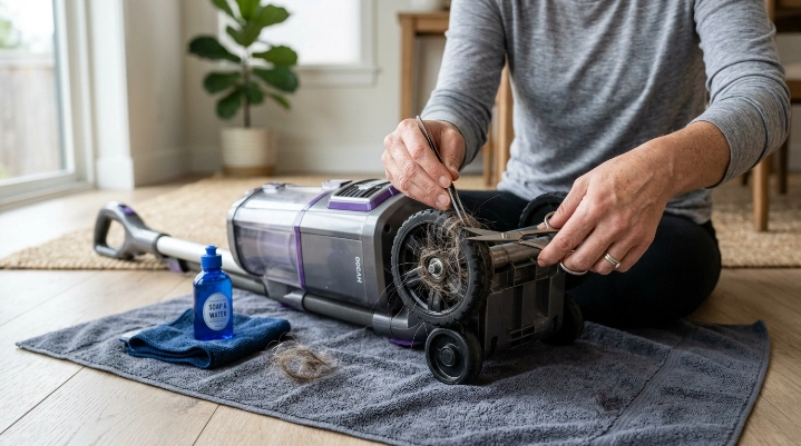 Hands removing hair from vacuum wheel axle