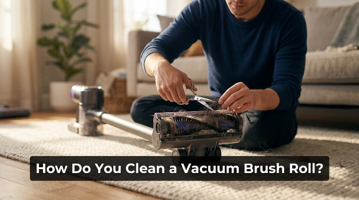 Person cleaning a vacuum brush roll with scissors