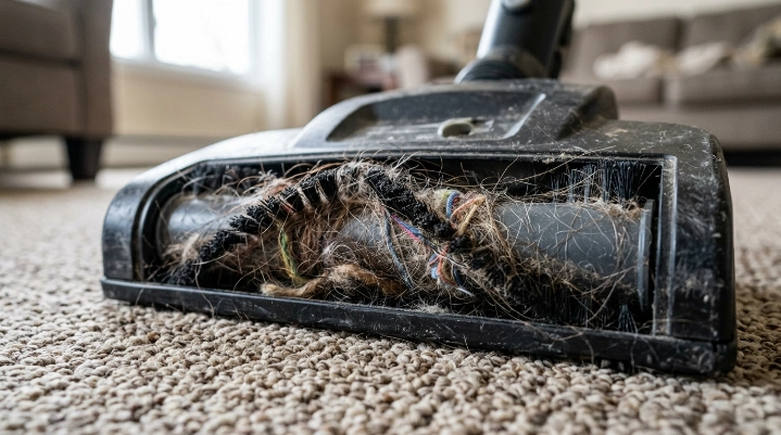 Tangled hair and pet fur blocking a vacuum brush roll