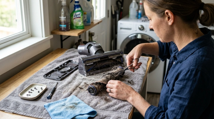 Vacuum brush roll being cleaned with tools