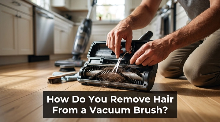 Person cleaning tangled hair from a vacuum brush roller