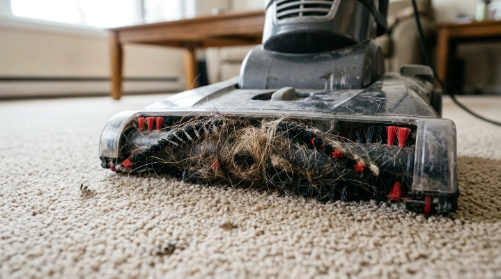 Vacuum brush roller with tangled hair buildup