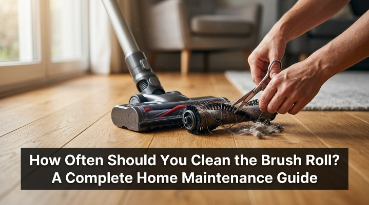 Homeowner inspecting tangled vacuum brush roll buildup