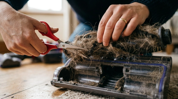Homeowner inspecting tangled vacuum brush roll buildup