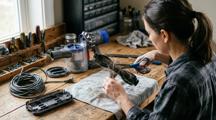 Person removing hair from vacuum brush roll safely