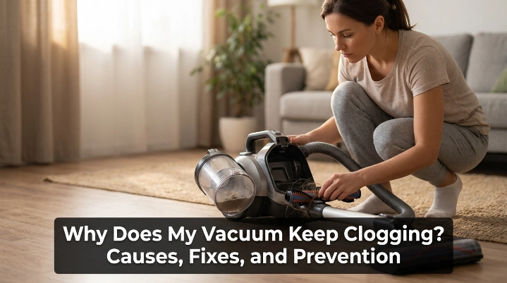 Vacuum cleaner inspection showing common clog problems and fixes