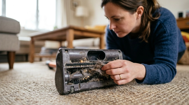 Vacuum nozzle blocked by hair dust and debris buildup
