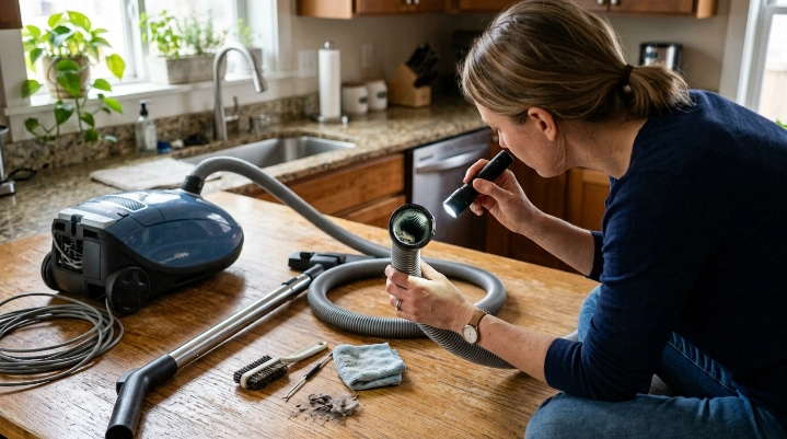 Person inspecting vacuum hose for hidden clogs