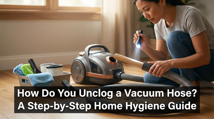 Vacuum hose unclogging tools including broom handle and snake