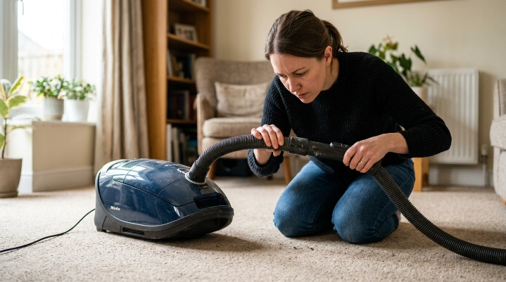 Homeowner checking vacuum suction problems from a clogged hose