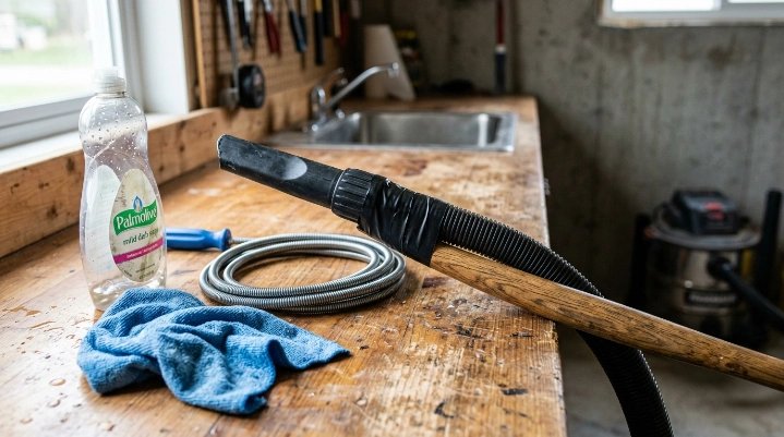 Vacuum hose unclogging tools including broom handle and snake