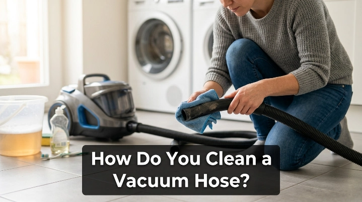 Homeowner cleaning a vacuum hose with warm water and tools