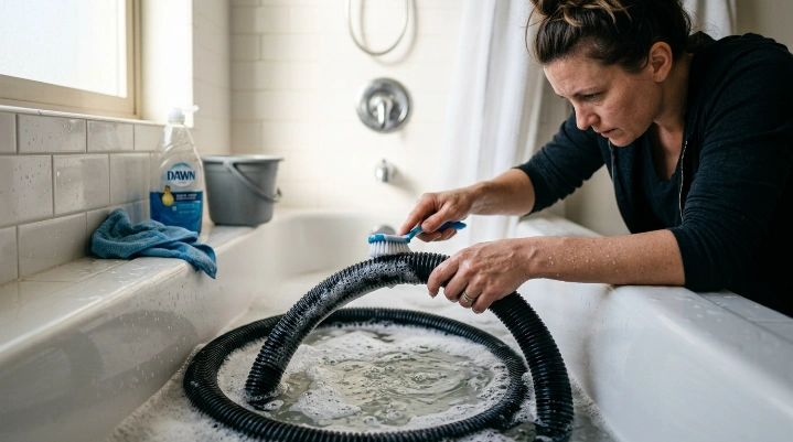 Washing a vacuum hose with warm soapy water