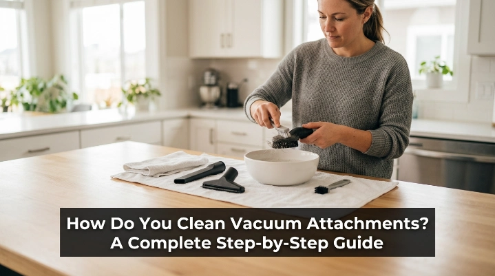 Person cleaning vacuum attachments with soap and microfiber cloth