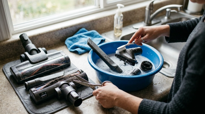 Cleaning vacuum tools with soap brush and microfiber cloth