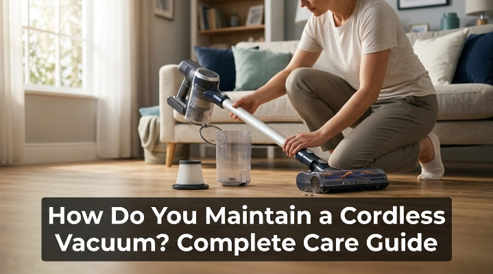 How do you maintain a cordless vacuum with regular filter, brush roll, and dustbin care?