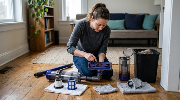 Step-by-step cordless vacuum maintenance with bin, filter, brush roll, wand, and drying parts.