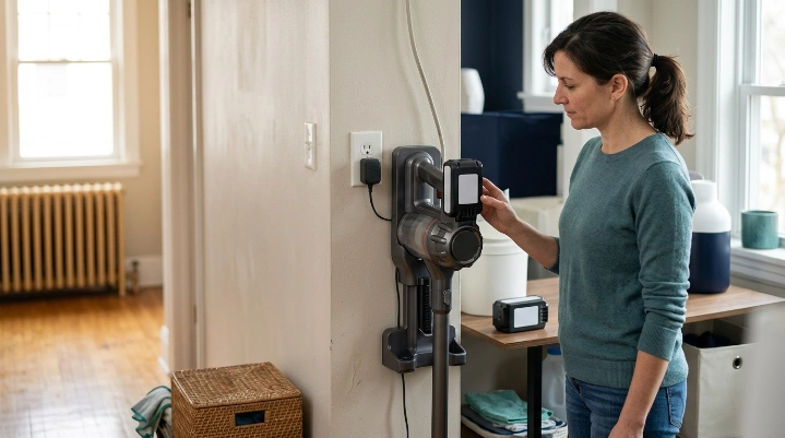 Cordless vacuum battery care with approved charger, cool storage, and inspection for damage.