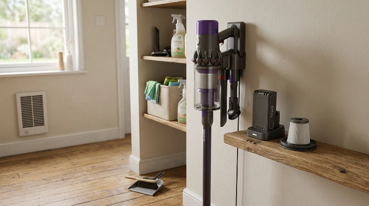 Cordless vacuum battery stored indoors away from heat, cold, sunlight, and moisture