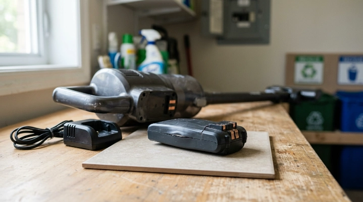 Damaged cordless vacuum battery, correct charger, and dry contacts shown during inspection
