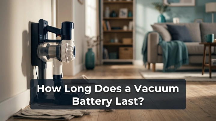 Cordless vacuum charging at home illustrating how long does a vacuum battery last.