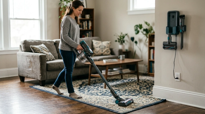 Cordless vacuum in normal use showing how long does a vacuum battery last per charge.