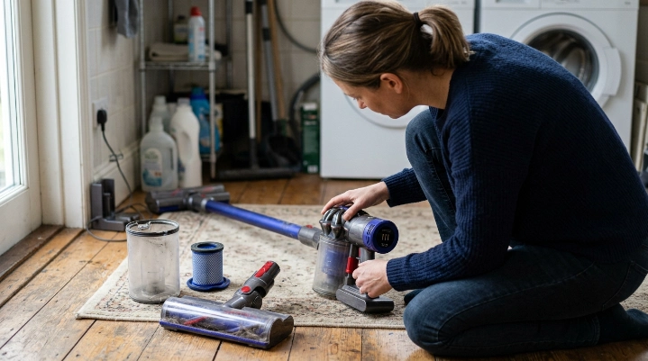 Homeowner checking a cordless vacuum after runtime drops and charging problems appear.