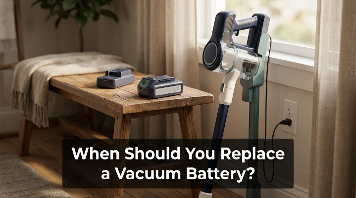 Cordless vacuum and battery illustrating when should you replace a vacuum battery.