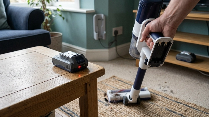 Cordless vacuum battery showing runtime, charging, and physical warning signs.